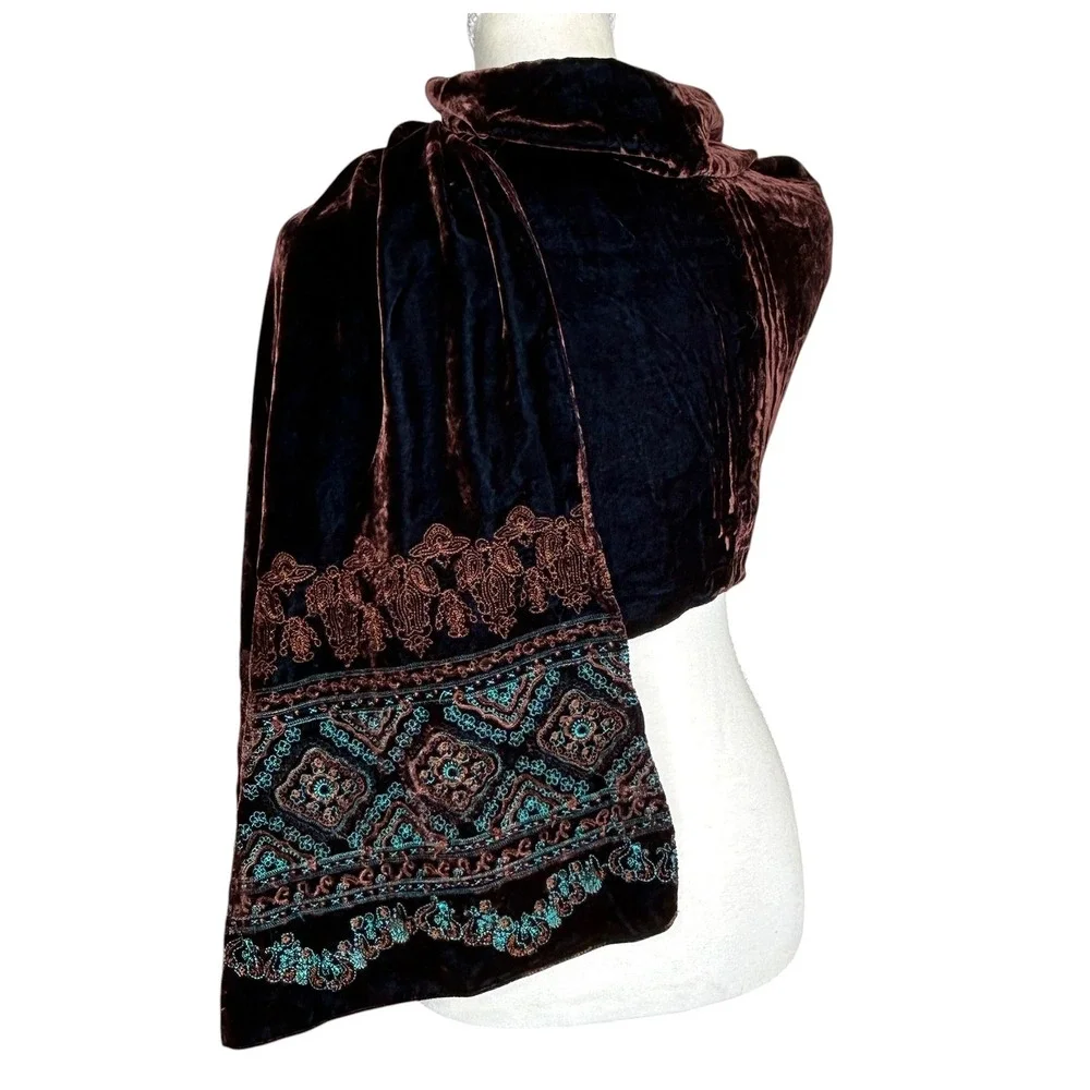 Citron Santa Monica Velvet Scarf Shawl Boho Art To Wear Embroidered‎ 84"x19" NEW - Picture 4 of 14